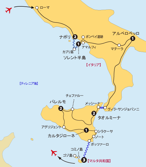 南イタリアシチリアマルタ15日間地図