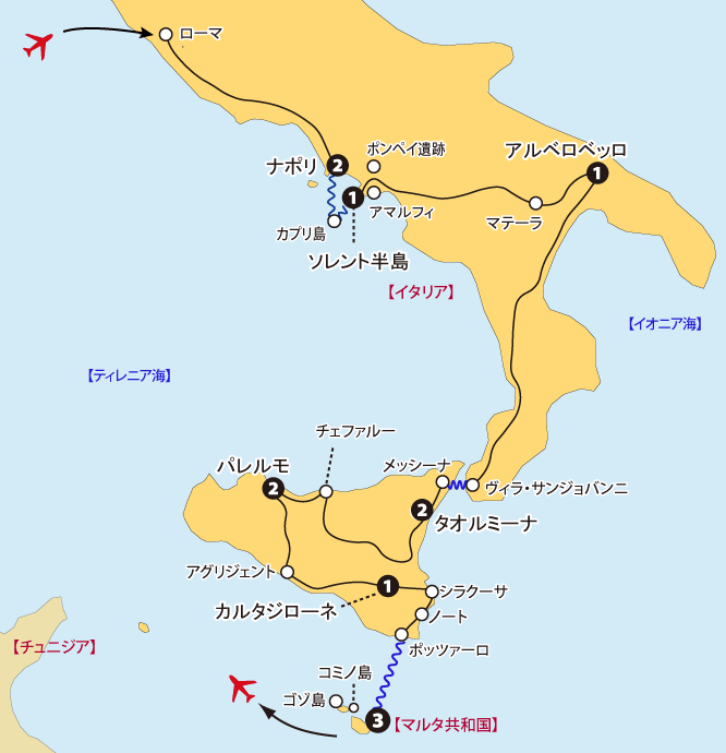 南イタリアシチリアマルタ15日間地図
