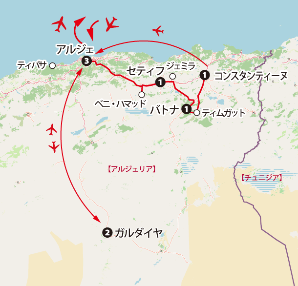 ビジネスクラス利用 アルジェリア世界遺産紀行10日間地図sp