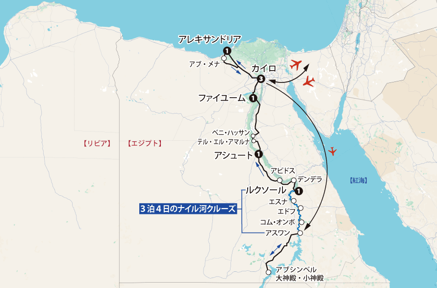 ナイル河クルーズとエジプト探訪地図