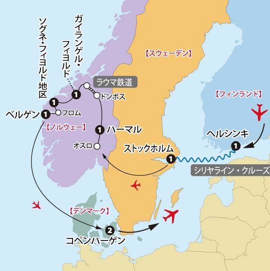 北欧４カ国周遊と圧巻フィヨルド探訪地図sp