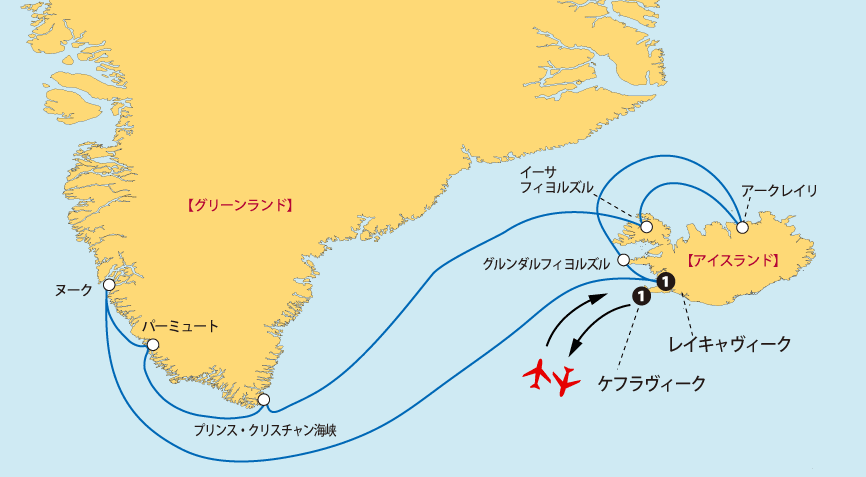 アイスランド・グリーンランドクルーズ地図