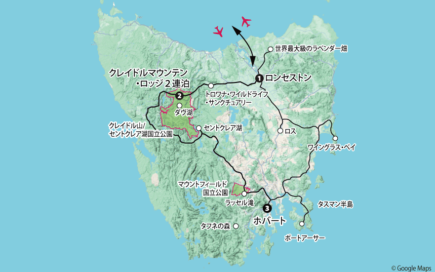 「タスマニア大自然紀行9日間」地図