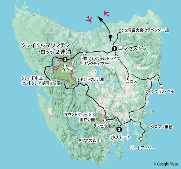「タスマニア大自然紀行9日間」地図