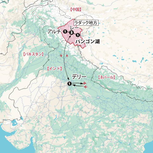 「天国に一番近い湖」パンゴン湖畔に宿泊～天空の小チベット・ラダックへの旅 ８日間地図sp