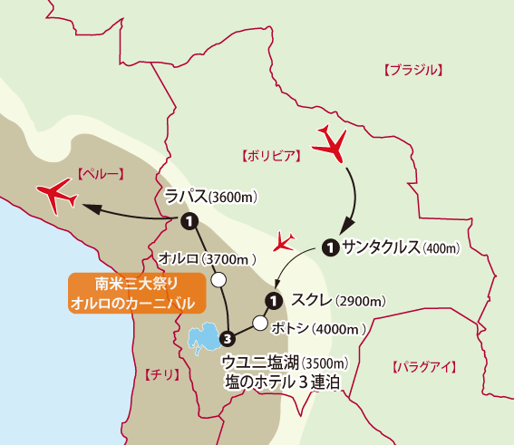 アタカマ高地の絶景とボリビア・ウユニ塩湖 12日間地図