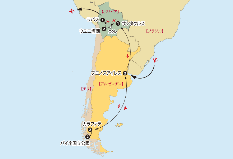 「最果ての地パタゴニアと神秘のウユニ塩湖14日間」地図pc