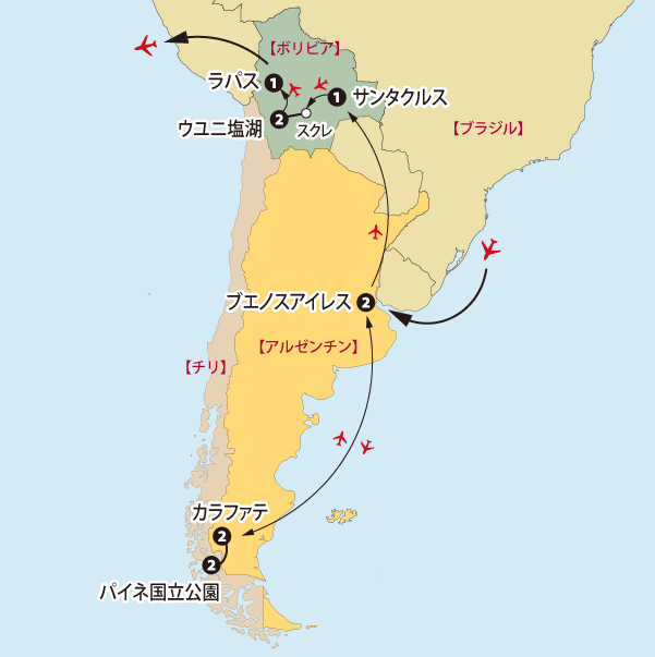 「最果ての地パタゴニアと神秘のウユニ塩湖14日間」地図sp