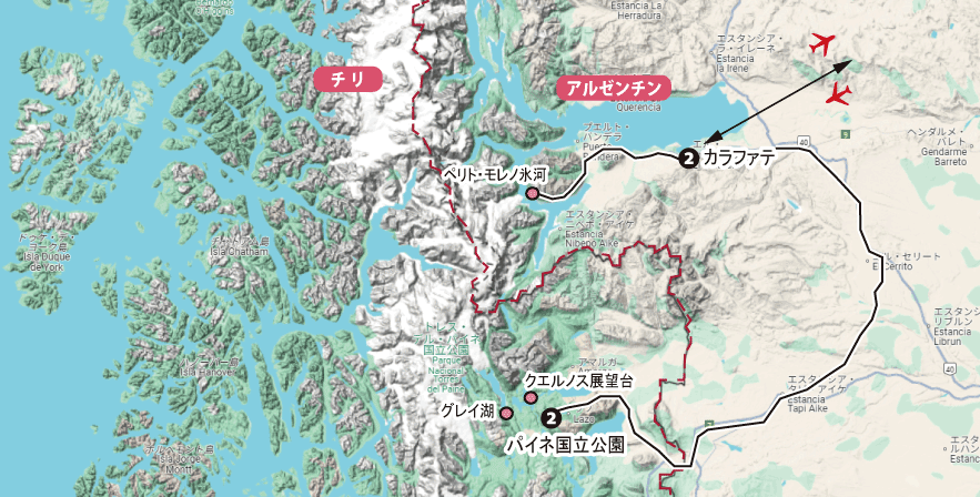 「最果ての地パタゴニアと神秘のウユニ塩湖」の旅のパタゴニア部分地図