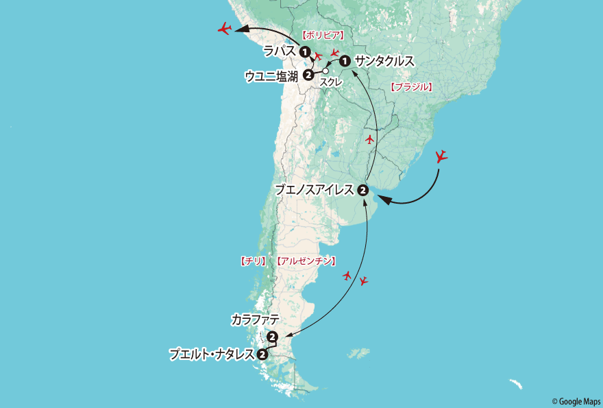 「最果ての地パタゴニアと神秘のウユニ塩湖14日間」地図pc