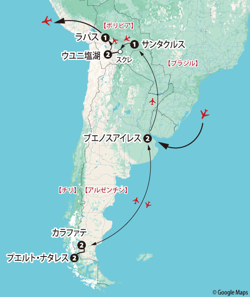 「最果ての地パタゴニアと神秘のウユニ塩湖14日間」地図sp