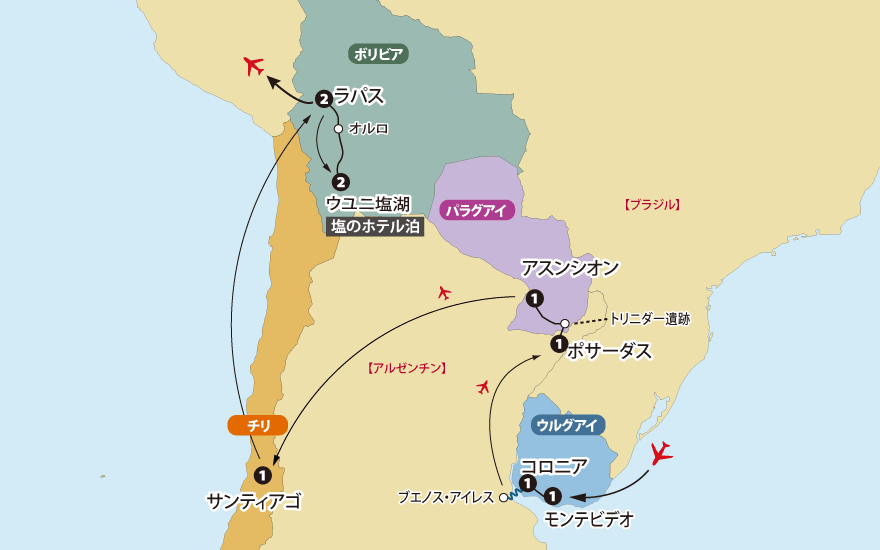 ウルグアイ・パラグアイ・チリ・ボリビア地図pc