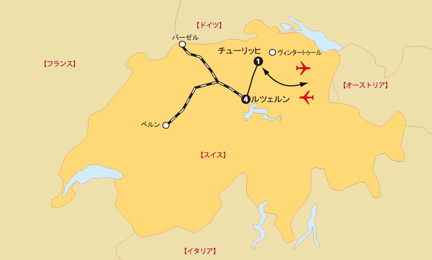 スイス・珠玉の美術館とクリスマス市への旅 8日間地図