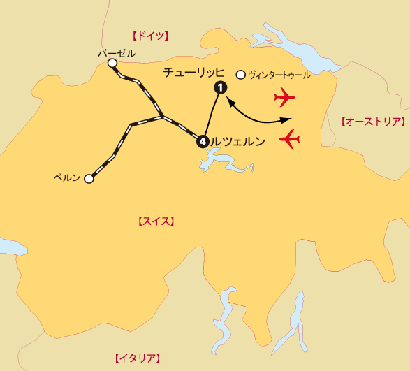 スイス・珠玉の美術館とクリスマス市への旅 8日間地図