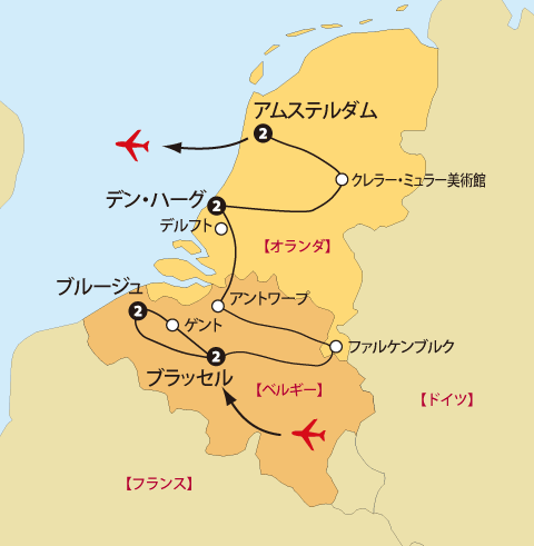 オランダベルギー北フランス美術館巡り地図